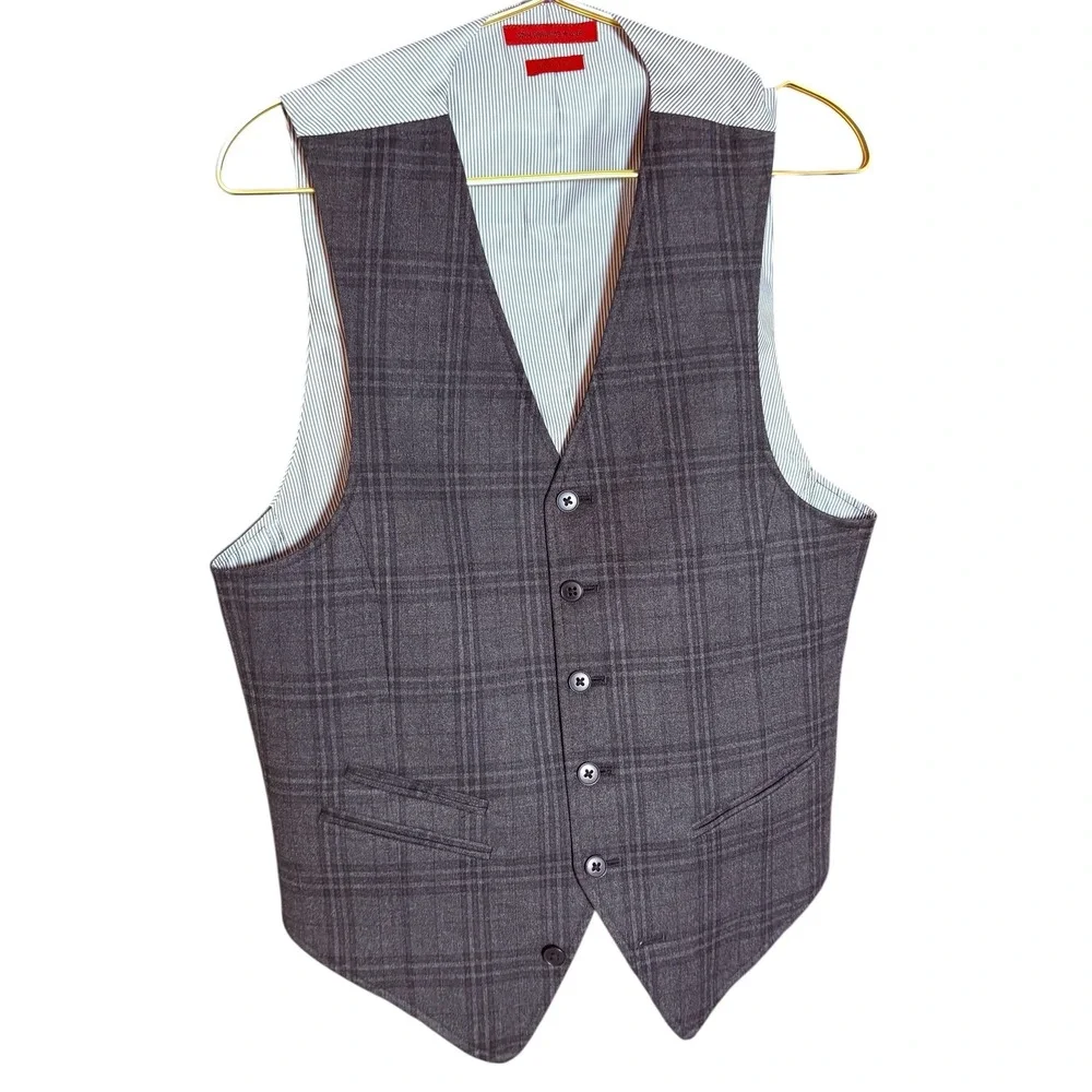 John Varvatos USA Plaid Wool Vest Men's Size S Dark Grey‎ Formal